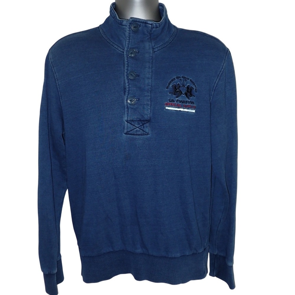 Vintage‎ La Martina Sweatshirt Mens L Blue Button Neck Embroidered Polo #2